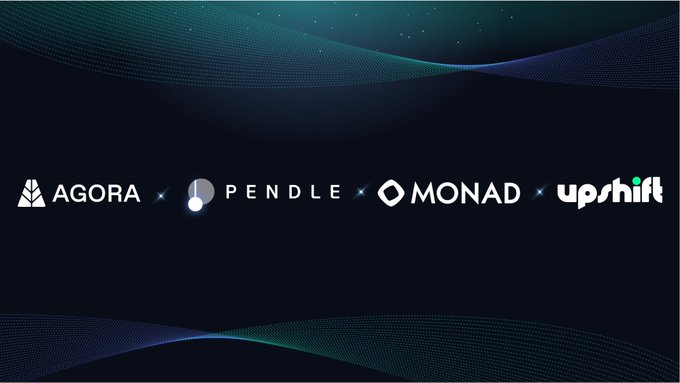 The image features a purple background with white text that reads "Welcome to the Purple world @pendlefi". This text is positioned above a blue wave-like pattern, creating an interesting visual effect. The overall layout of the image suggests that it could be part of a social media post or advertisement related to the company named "pendle" and their partnership with the company named "upshift".