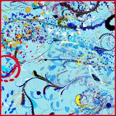 An abstract painting dominated by shades of blue with scattered red, yellow, and black swirls, dots, and curved lines.