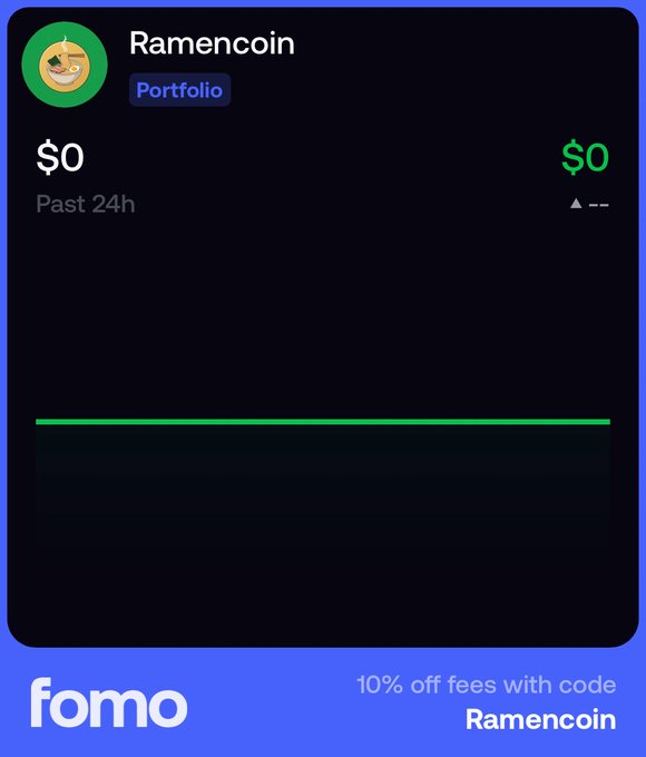 A digital interface screenshot showing a 'Ramencoin' Portfolio card displaying $0 with 'fomo' branding and '10% off fees with code Ramencoin' text.
