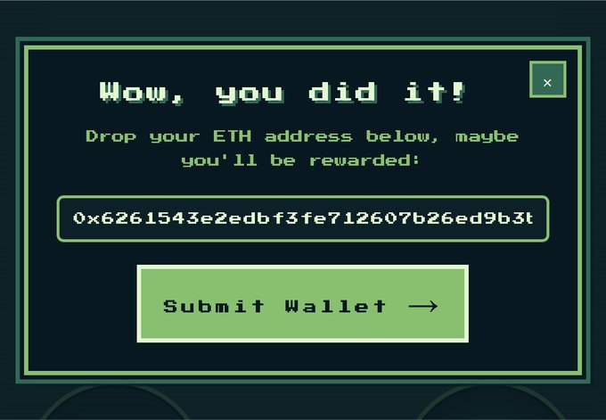 A pop-up window displays the text "Wow, you did it! Drop your ETH address below, maybe you'll be rewarded!" with a pre-filled wallet address "0x6261543e2edbf3fe712607b26ed9b3b" and a "Submit Wallet" button, suggesting a Web3 game or airdrop challenge likely tied to The Galleria NFT collection minting on August 13 with a 2,618 supply.