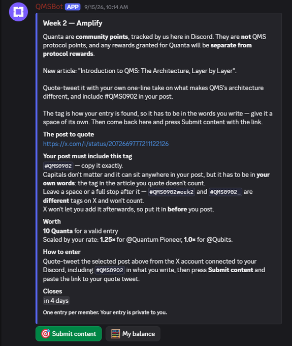 A Discord post from QMSBot dated 9/15/26 about 'Week 2 — Amplify' QMS0902 task, with instructions for quoting a tweet for 10 Quanta rewards.
