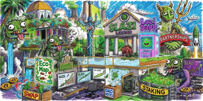 A vibrant, cartoon-style illustration depicts a chaotic cryptocurrency ecosystem with various green lizard characters, featuring prominent "SLAZI LIZARD" branding, "LAZI bapp" signage, and signage for "SWAP," "STAKING," "DAO VOTES," "PARTNERSHIPS," and "ECO MAP," aligning with the post's announcement of the new $Lazi Lizard pairing on CoinMarketCap.