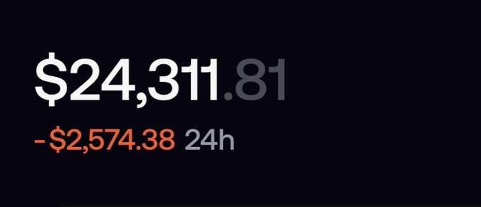 A cryptocurrency portfolio tracker displays a current balance of $24,311.81, showing a 24-hour loss of -$2,574.38. The image illustrates the dramatic decline mentioned in the post, where the value has plummeted from $175k to roughly $24k, with red text emphasizing the downward trend.