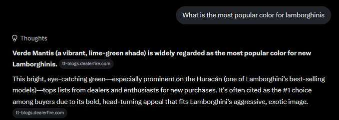 A ChatGPT response explaining that Verde Mantis (a vibrant lime-green shade) is the most popular color for new Lamborghinis, especially on the Huracán model, citing dealerfire.com.