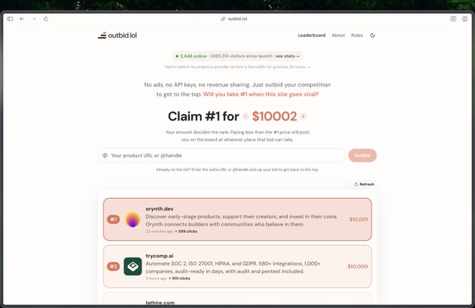 Screenshot of outbid.lol website showing a reverse bidding auction where users compete to get listed as #1 for $1000, with current leader orynth.dev at $10,001 and trycomp.ai at $10,000.