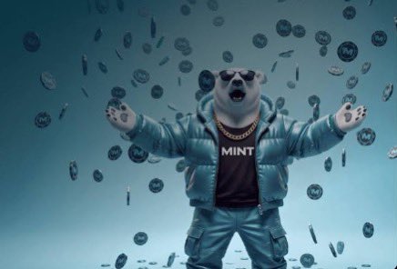 A bear character in a blue puffer jacket over a maroon 'MINT' shirt stands with arms raised amid falling blue coins.