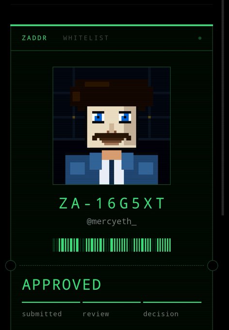 A pixel art whitelist approval card from ZADDR displays the character "ZA-16G5XT" (@mercyeth_) as "APPROVED" through the submitted, review, and decision stages, serving as a hopeful example for the user's pending application ZA-BMVLOM.