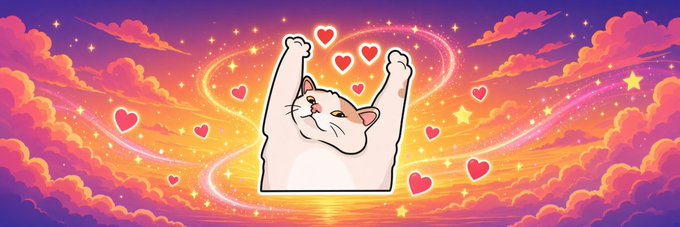 A cheerful cartoon white cat stretches its arms up surrounded by pink hearts and stars against a colorful sunset sky with pink and purple clouds.