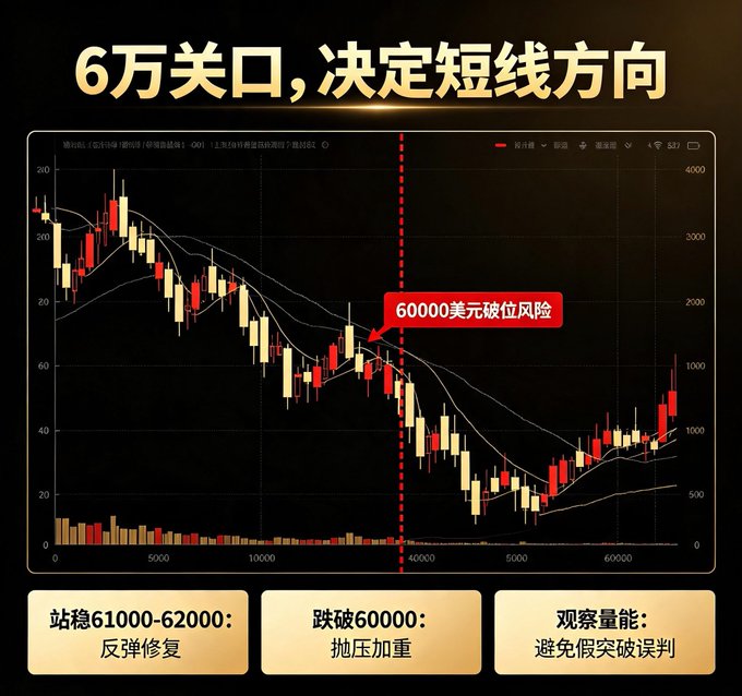 A Chinese-language Bitcoin chart analysis titled "6万关口,决定短线方向" (60K threshold determines short-term direction), highlighting a $60,000 breakout risk zone with bearish scenario predictions.