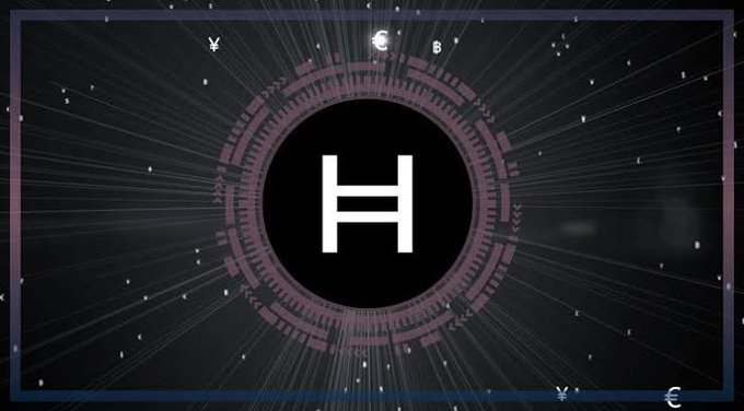 A stylized graphic featuring a white "H" centered within a circular, radar-like emblem against a dark starry background with currency symbols (¥, €, ₿), serving as a futuristic brand mark for the HBAR crypto asset as it highlights its SEC/CFTC digital commodity classification and Nasdaq spot ETF filing.