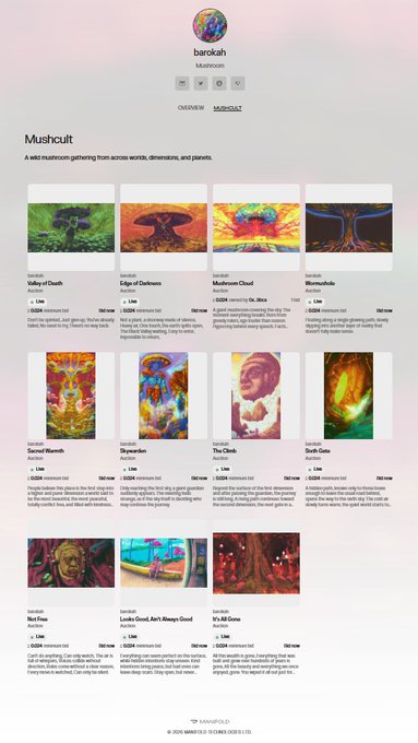 A screenshot of the 'barekah' Mushroot website showing a collection of mushroom-themed NFT artworks such as 'Valley of Death', 'Edge of Darkness', and 'Mushroom Cloud' with descriptions.