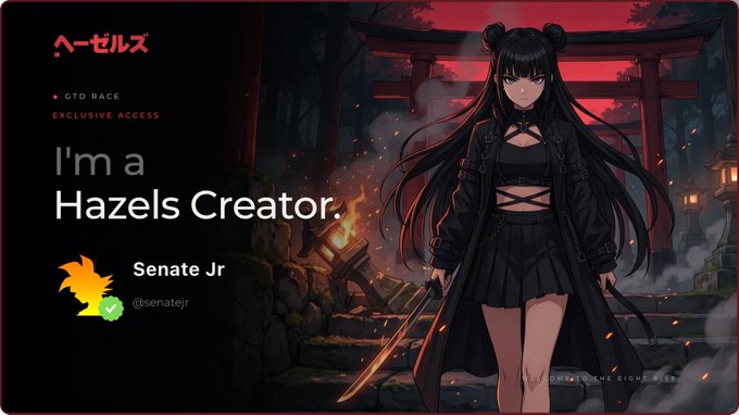 The image is a promotional banner for the "Hazels Creator" program, featuring an anime-style character in dark attire standing before a Japanese torii gate, with the text "I'm a Hazels Creator" and the username "Senate Jr" (@senatejr) alongside a GTD Race Exclusive Access badge. The post highlights the creator's achievement of breaking into the top 500 on the 0xhazels leaderboard, and the banner visually celebrates this accomplishment by showcasing their status as an official Hazels Creator.