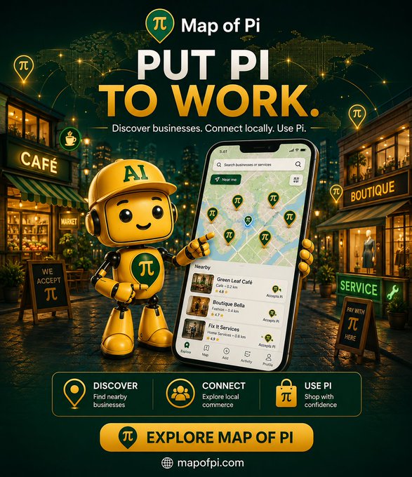 A promotional graphic for "Map of Pi" featuring a yellow robot mascot displaying a smartphone app with a map interface showing nearby businesses like "Green Leaf Café" and "Boutique Bella" that accept Pi cryptocurrency, set against a nighttime cityscape with café and boutique storefronts, alongside the tagline "PUT PI TO WORK" and key stats of 2.1M+ users, 148K+ sellers, and 173K+ interactions.