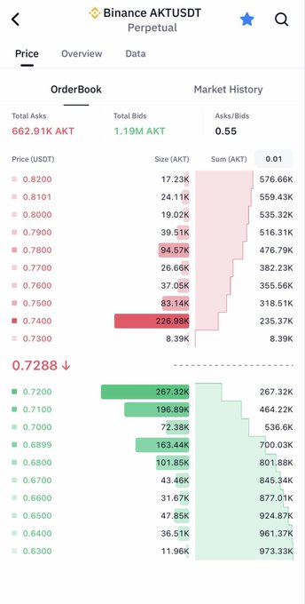 A Binance order book screenshot for the AKTUSDT perpetual trading pair, showing the current price at 0.7288, with red asks above and green bids below.
