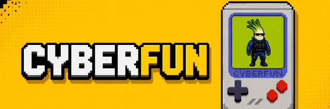 A yellow banner displays 'CYBERFUN' in pixelated text next to a retro handheld gaming device showing a pixelated character with a mohawk.