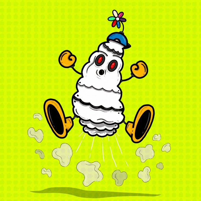 A cartoonish, anthropomorphic swirl of whipped cream or soft-serve ice cream with a blue cap, flower, and yellow shoes leaps joyfully against a green checkered background, surrounded by flying foam clouds. The whimsical, energetic character visually reinforces the NFT project's playful branding in the tweet announcing their live whitelist checker on OpenSea.