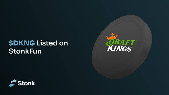 A promotional graphic announces "$DKNG Listed on StonkFun," featuring the DraftKings logo overlaid on a dark hockey puck design, matching the post's announcement that tokenized DraftKings ($DKNG) stock can now be launched as coins on StonkFun.