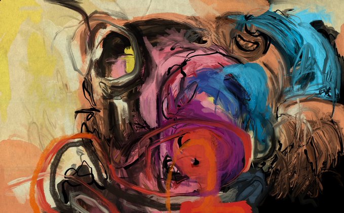 An abstract expressionist painting featuring chaotic brushstrokes in pink, blue, orange, and black, with two prominent eye-like shapes on a textured background.