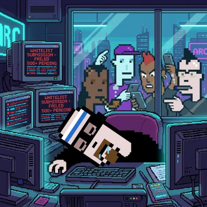 A pixel art scene shows a stressed character collapsed face-down at a desk with multiple monitors displaying "WHITELIST SUBMISSION - FAILED 500+ PENDING," while angry people wait in line behind a window—humorously illustrating the frustration of trying to secure a whitelist spot for the Arc Punks giveaway, with the call-to-action asking users to like, retweet, and drop their EVM wallet for a chance at one of the 15 GTD prizes.