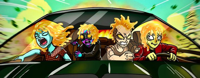 A chaotic cartoon illustration shows four zombie-like characters with wide eyes driving a car through an explosion or tunnel, including a teal-skinned female and three other figures with spiked or flame-like hair.