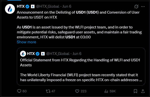 The image shows a Twitter account with two posts displayed, one of which is about the announcement made by the USDT Global team regarding the Delisting of USD1 assets. The other post is about the project team and the US dollar conversion process. Both posts are written in English and include the hashtag #HTXGlobal to identify them as part of the Twitter account.