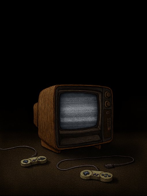 A moody still-life scene featuring a vintage wood-paneled television displaying static, with two worn retro game controllers resting on the ground in the foreground.