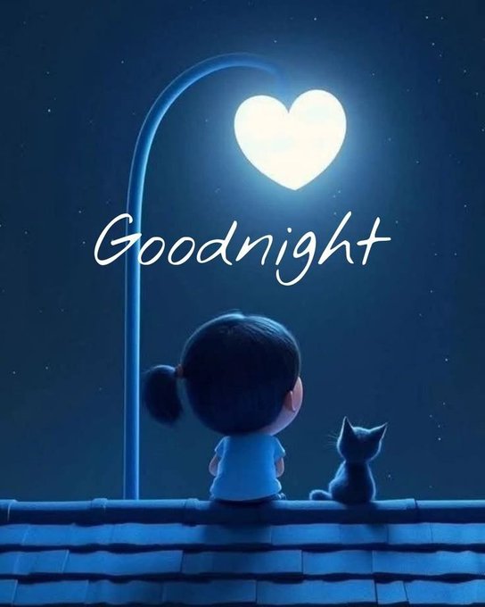 An animated illustration shows a small child and a black cat sitting on a rooftop under a glowing heart-shaped streetlamp at night, with the word 'Goodnight' written across the scene.