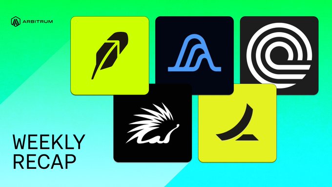 The image features the Arbitrum logo and "Weekly Recap" text alongside five colorful app icons (yellow and black squares with various logos, including a porcupine/hedgehog and abstract symbols), visually representing Arbitrum's diverse ecosystem of applications. The graphic serves as a header for the weekly recap highlighting Arbitrum's leadership in tokenized real-world assets (3,207 RWAs) and its expansion into perps, payments, and agentic finance, with the icons symbolizing the various DeFi projects driving this growth.