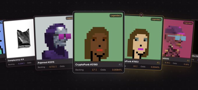 The image shows a row of "Legendary" NFT trading cards featuring pixel-art CryptoPunks, with CryptoPunk #3190 prominently displayed in the center showing 17Ξ backing and 0.0084% odds. The card appears to relate to the announcement about moving Punk #3190 to V2, where its backing of 17Ξ will decrease by 1Ξ every 12 hours once purchases begin.