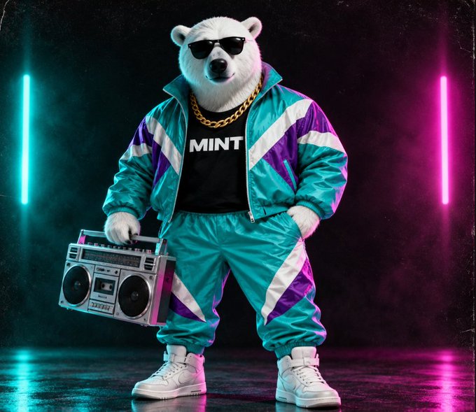 An AI-generated image of a polar bear mascot wearing sunglasses, a gold chain, teal and purple tracksuit with 'MINT' shirt, holding a retro boombox against neon pink and cyan lighting.