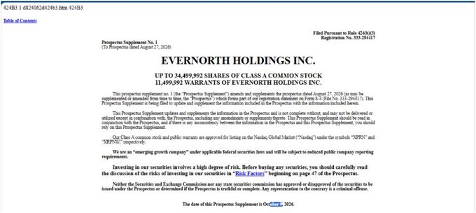 A regulatory filing from EDGAR showing a Table of Contents for "EVERNORTH HOLDINGS INC." for a Prospectus Supplement dated August 27, 2026, pertaining to up to 34,489,992 shares of Class A common stock and 11,499,992 warrants.