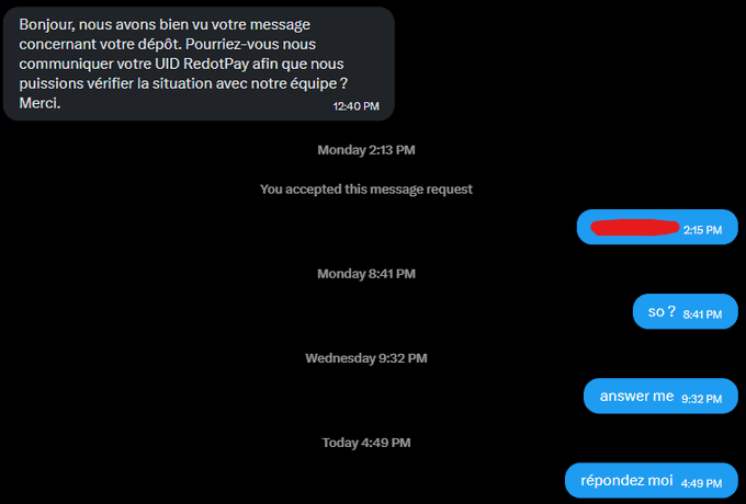 A chat conversation in French where someone requests a RedotPay UID, followed by English follow-up messages 'SO?', 'answer me', and 'répondez moi' sent over several days.