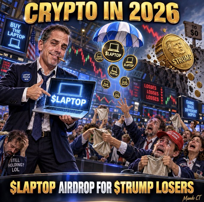 A satirical meme poster titled 'CRYPTO IN 2026' and '$LAPTOP AIRDROP FOR $TRUMP LOSERS' depicting a Hunter Biden-like figure holding a laptop, while panicking traders cry in the background.