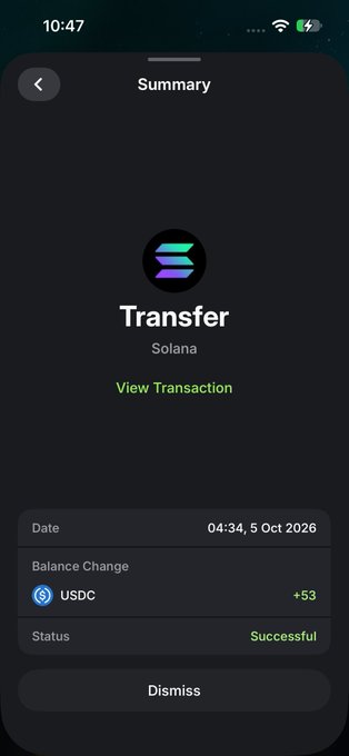 A mobile app screenshot showing a successful 'Transfer' on the Solana blockchain, with a balance change of +53 USDC on 5 Oct 2026.