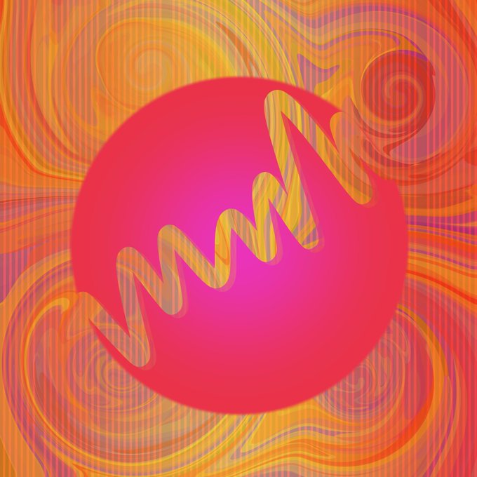 A vibrant abstract artwork with a pink/magenta circle overlaid with a wavy golden ribbon pattern against an orange swirled background.