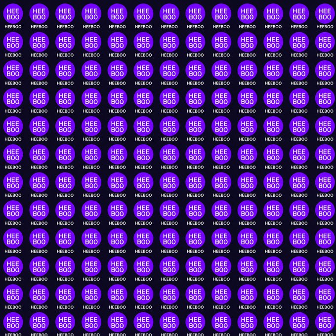 A repeating grid pattern of purple circles with 'HEEBOO' text and logos, likely representing an NFT collection.