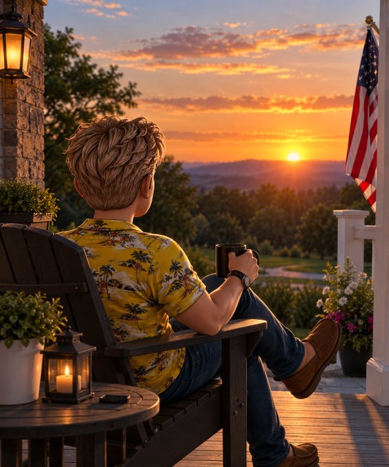 A digital illustration of a blonde young man in a yellow Hawaiian shirt sitting on a porch chair at sunset, holding a mug, with an American flag and lit lanterns nearby.