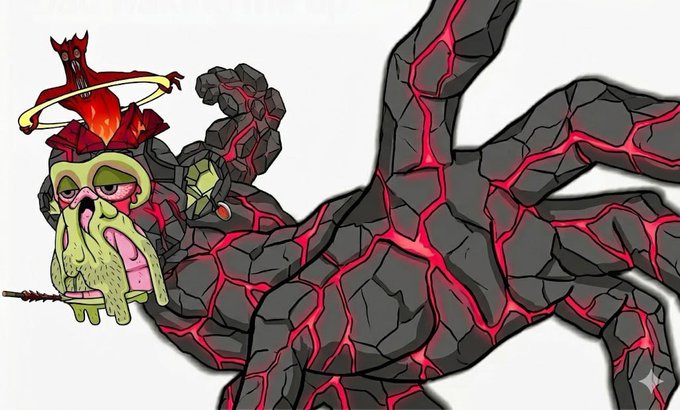 A cartoonish creature made of cracked volcanic rock glowing with red lava emerges alongside a melting yellow figure wearing a small red wizard hat, with a spiked object floating nearby. The fiery, magma-like imagery visually echoes the "gm" post's bullish, hype-driven energy, symbolizing a hot or "molten" crypto market ready to erupt upward.
