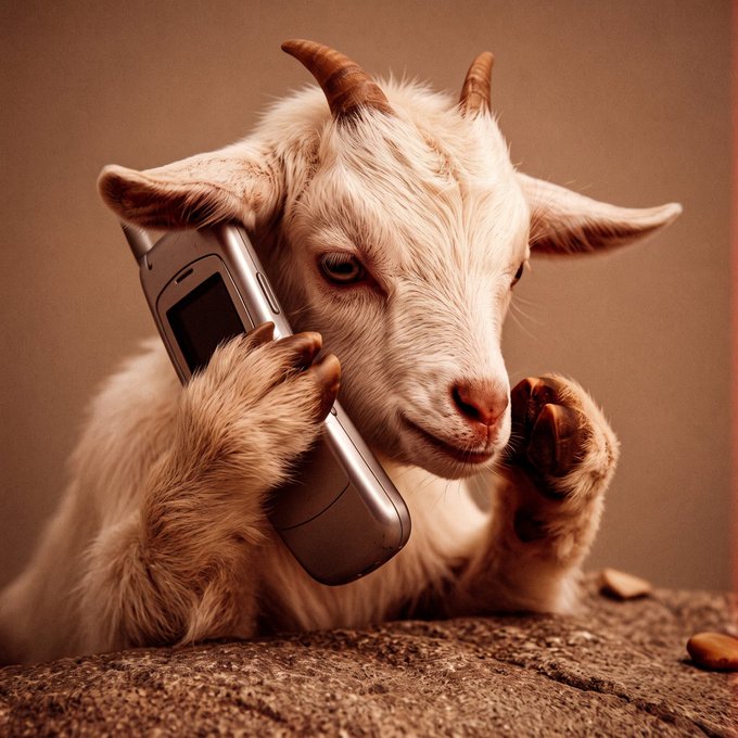 A surreal, photorealistic image of a white goat with small horns holding a silver flip phone up to its ear, resting on a textured surface against a warm brown background.