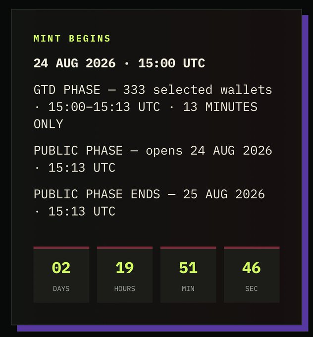 A dark promotional graphic with neon green text announces a 'MINT BEGINS' event on 24 AUG 2026 at 15:00 UTC, detailing a GTD phase for 333 wallets and a public phase, alongside a countdown timer showing 2 days, 19 hours, 51 minutes, and 46 seconds.