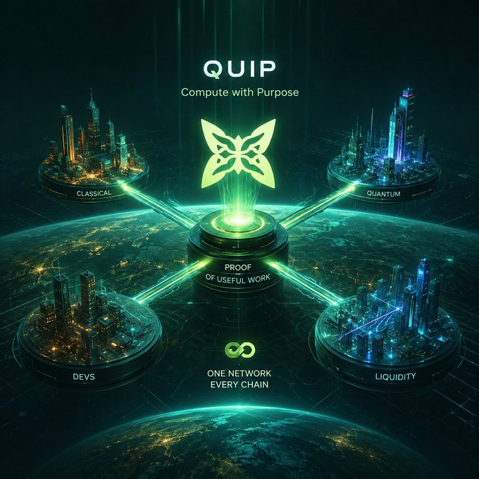 A futuristic promotional graphic for 'QUIP - Compute with Purpose' featuring interconnected nodes labeled CLASSICAL, QUANTUM, DEVS, LIQUIDITY, and PROOF OF USEFUL WORK with a glowing butterfly logo.