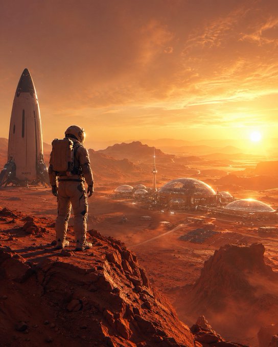 An astronaut standing on a rocky Martian landscape looking at a colony with domes and a spaceship against a sunset sky.