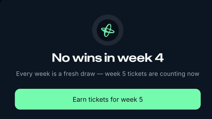 A Nansen raffle notification screen displaying "No wins in week 4" with text "Every week is a fresh draw — week 5 tickets are counting now" and a green button reading "Earn tickets for week 5," indicating the user didn't win in the week 4 $100k USDC raffle but can continue earning tickets for week 5.