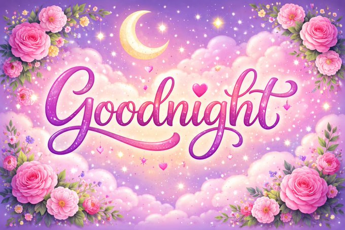 The image features the word "Goodnight" written in elegant, pink cursive lettering against a dreamy pastel background filled with fluffy clouds, twinkling stars, a crescent moon, and pink rose floral arrangements. The whimsical "Goodnight" message serves as a calming sign-off that contrasts with the post's reflective message about the slow grind of Web3, offering a gentle, hopeful close to thoughts about perseverance and the journey of builders.