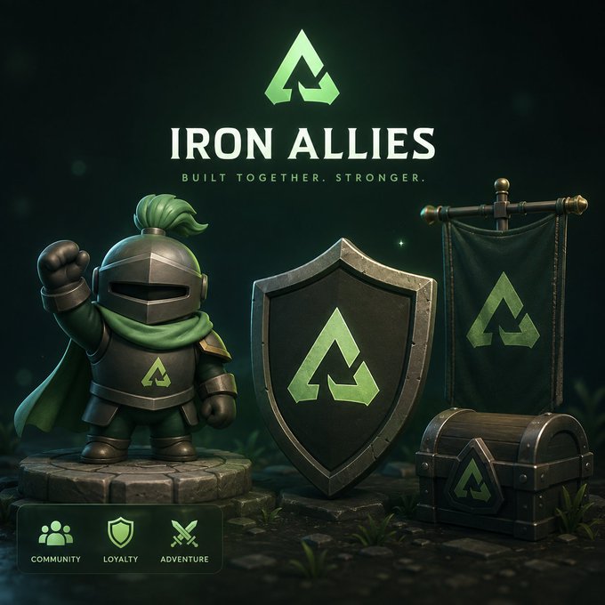 A promotional graphic for 'IRON ALLIES' features a chibi-style knight with green accents alongside a shield, banner, and treasure chest, with the tagline 'BUILT TOGETHER. STRONGER.' and icons for Community, Loyalty, and Adventure.