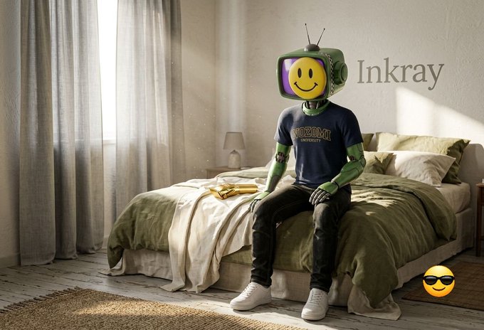 A 3D-rendered character with a retro TV head displaying a yellow smiley face, wearing a green and blue shirt, sitting on a bed in a sunlit bedroom with 'Inkray' text.