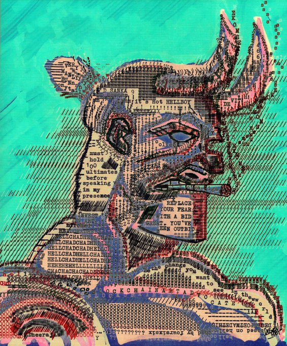 A colorful mixed-media digital art portrait of a horned figure on a teal background, created from collaged text, halftone patterns, and graphic elements.