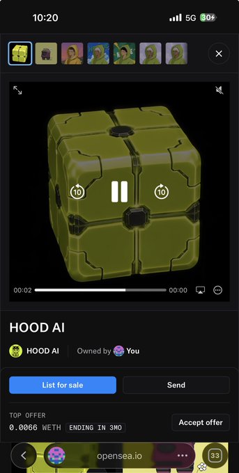 An OpenSea mobile app screen showing a detailed view of a 'HOOD AI' green cube NFT owned by the user, with a top offer of 0.0066 WETH and options to list for sale or send.