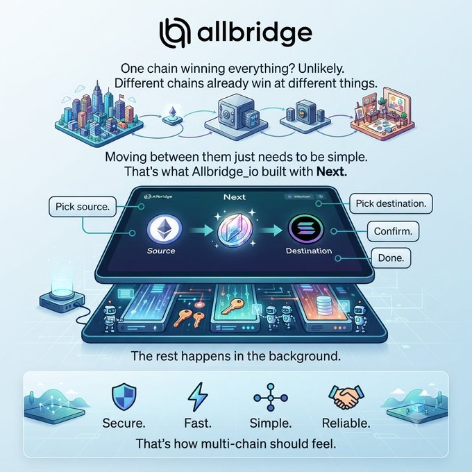 An advertisement for 'allbridge.io' features a tablet displaying a 'Next' tool that facilitates 'Pick source', 'Confirm', and 'Pick destination' steps, emphasizing secure and simple multi-chain transactions.