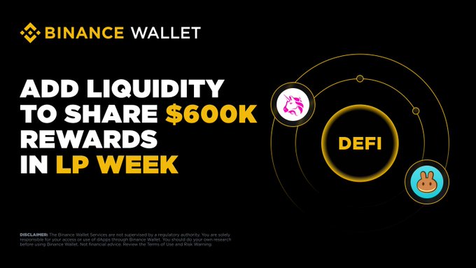 The image features a poster promoting Bitcoin Wallet, which encourages users to add liquidity to their shares for $600k to earn rewards during DeFi Week. The poster displays two circular symbols - one representing "liquidity", and another showing a "D peg". Additionally, there are icons associated with the currencies being promoted: a dollar sign, a euro symbol, and a yen symbol.